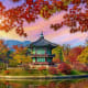 Traditional Korean pavilion with green tile roof surrounded by autumn maple trees and water reflection in Seoul park
